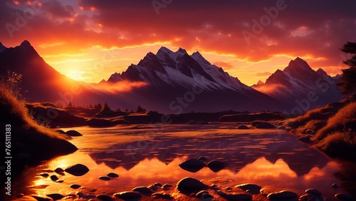 Neon sunset against the backdrop of fantastic mountain peaks. The ideal moment to convey an atmosphere of mystery and grandeur. Creative, AI Generated © DEER FLUFFY