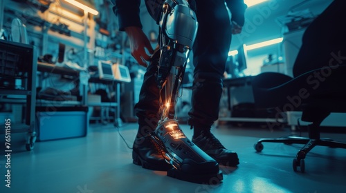 An individual tests the functionality of a robotic leg with sparking connections, demonstrating the dynamic interface between technology and practicality. photo