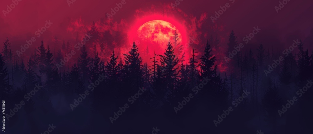  A picture of the moon in red and black with surrounding trees