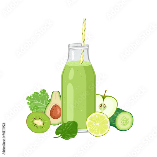 Green detox smoothie in bottle with straw. Healthy juice and fresh kale leaf, lime, apple, kiwi, avocado, spinach and cucumber. Vector cartoon illustration.