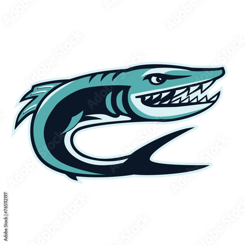 Barracuda mascot logo for sports or eSports teams, baseball, football, soccer, showing an aggressive barracuda with sharp teeth twisting into position to strike.