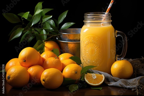 Orange juice with oranges in the jar and glass, generative IA
