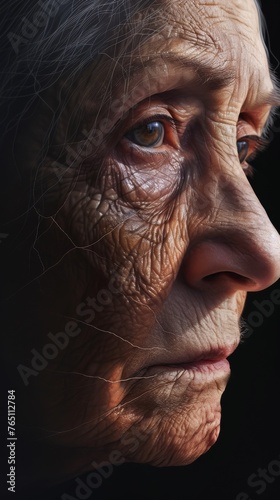 A deeply emotive side profile of an elderly woman, highlighting the intricate details and textures of aging skin.