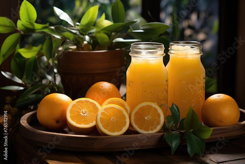Orange juice with orange fruit salpics in the studio background restaurant with ga, generative IA