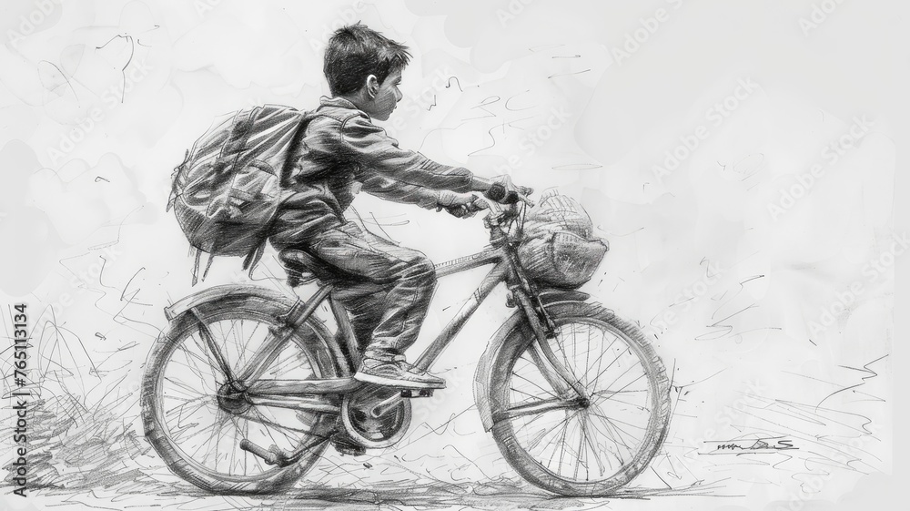 A boy on bicycle, pencil sketch