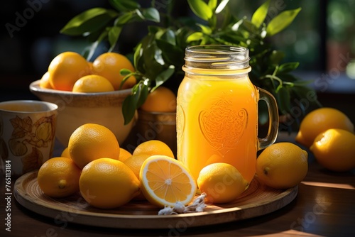 A squeezed orange juice jar with oranges on a table, generative IA