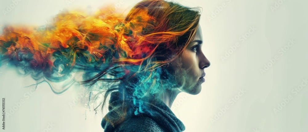  A woman with a colorful smoke trail on a white background