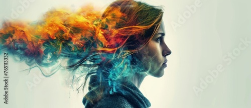  A woman with a colorful smoke trail on a white background