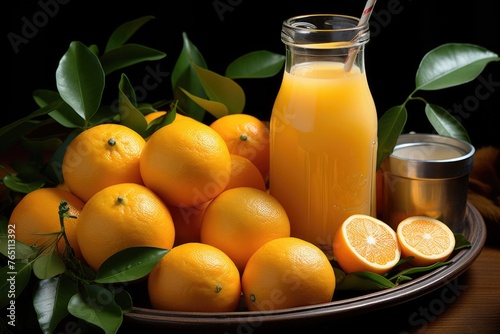 Front view divided into orange half next to orange juice, generative IA
