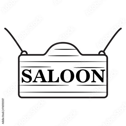 Wood texture sign board. Wild West saloon sign.Wooden curly board.Entrance to the old western saloon.Doodle sketch style vector illustration.Outline vector illustration.