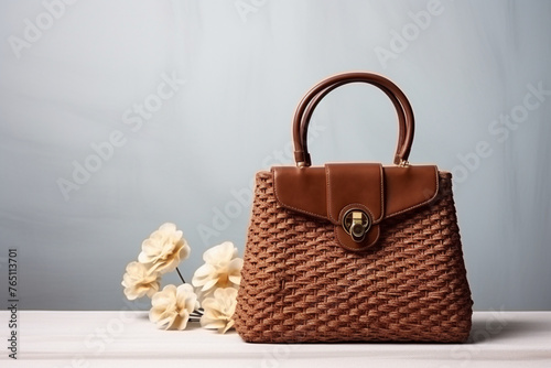 Elegant wicker handbag with leather detail, fashion accessory on a minimalist background, Quiet luxury concept