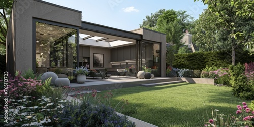 An open plan sunny garden room with large windows and a roof lantern, set in the back of an ultra modern rectangular grey frameless house Generative AI