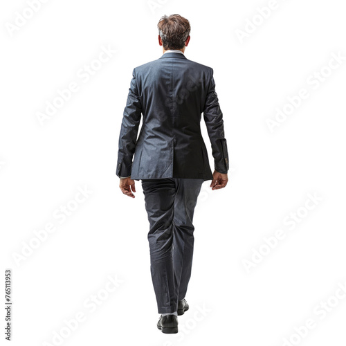 Business man in suit walkingisolated on white transparent, rear view. PNG