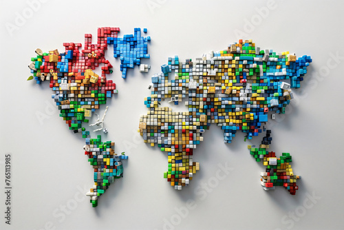 Colorful lego bricks arranged in a map of the world shape