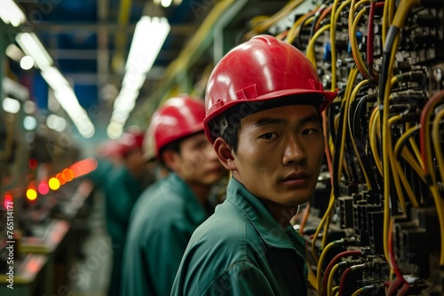 Diligent Asian worker factory. Work production. Generate Ai