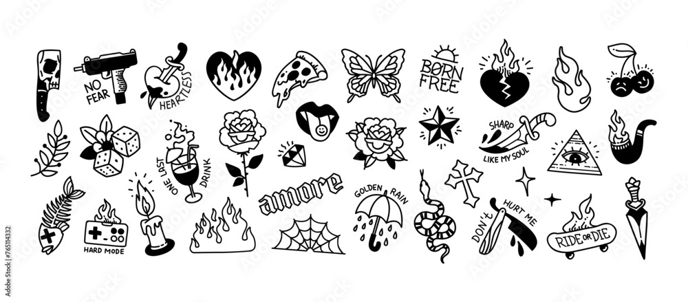 Naklejka premium Old school tattoo vs Y2k gothic tattoo stickers and elements pattern collection. Traditional tattoo and Aesthetic 2000s gothic opium set of butterfly, cross, fire, flamed heart, rose and more