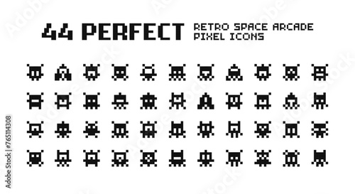 44 Pixel art icons set of Retro Space Arcade Game. Simple Pixel UFO aliens, monsters, spaceships retro video game collection. Perfect Pixel Art black silhuette icons set - vector pixel graphics 