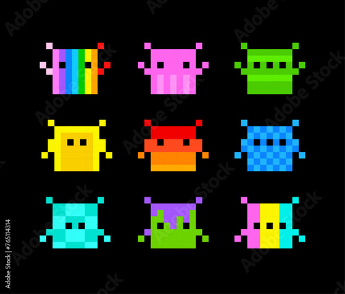 8-Bit Retro space arcade NFT pixel style poster. Perfect Pixel Art colorful icons set in retro video game style.  Pixel NFT style monsters collection