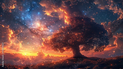Majestic cosmic tree under starry sky - An enchanting scene captures a lone, mighty tree under a breathtaking starscape with clouds and cosmos melding together