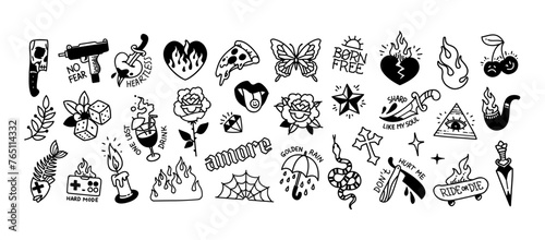 Old school tattoo vs Y2k gothic tattoo stickers and elements pattern collection. Traditional tattoo and Aesthetic 2000s gothic opium set of butterfly, cross, fire, flamed heart, rose and more