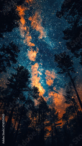 Starry night sky merging with a fiery treetop line - An otherworldly view where a fiery night sky blends with treetops, bringing forth a surreal juxtaposition