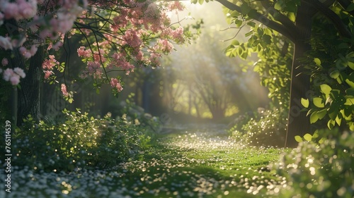 Enchanted forest pathway with blooming trees - A serene path leads through an enchanted forest with sunlight filtering through blooming trees  creating a peaceful atmosphere