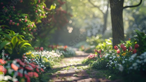Tranquil garden pathway with lush flowers - A serene garden scene with a brick pathway surrounded by vivid flowers and foliage in soft sunlight photo