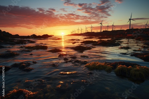 Offshore wind turbines in a calm ocean.  generative IA