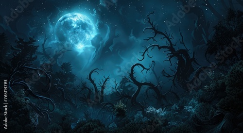 Mystical moonlight shining through twisted trees - A hauntingly beautiful scene with a bright blue moon casting light through a forest of gnarled trees, invoking a sense of mystery and magic