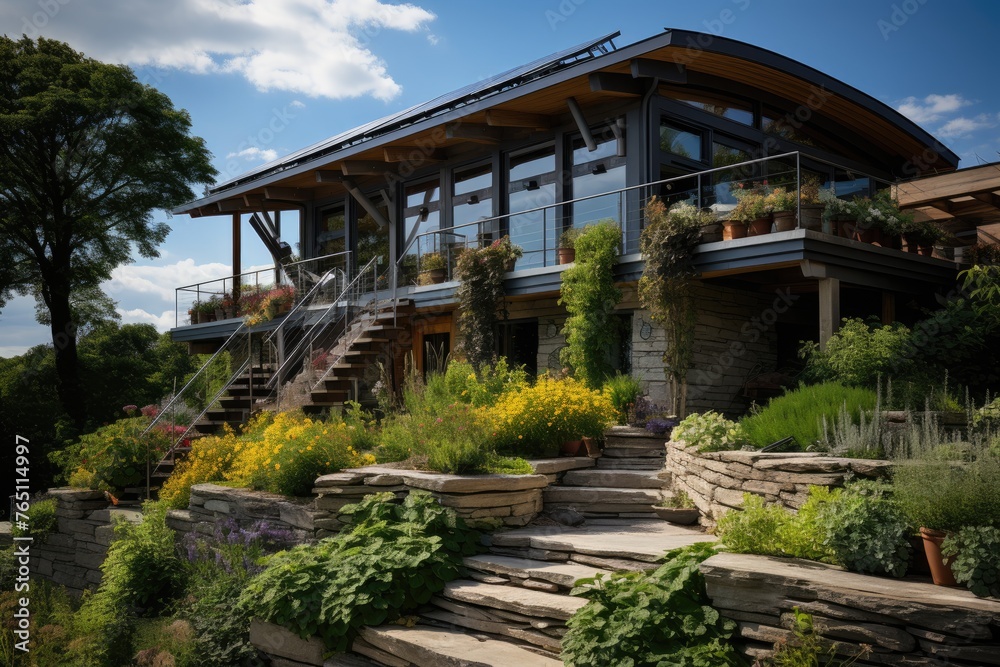 House self -sufficient, integrating solar and wind., generative IA House self -sufficient, integrating solar and wind., generative IA