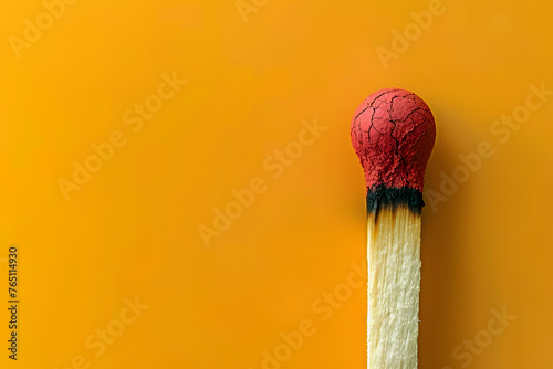 Match head with colored gray background on yellow color. Concept: Fire danger, Idea and inspiration, fire safety.