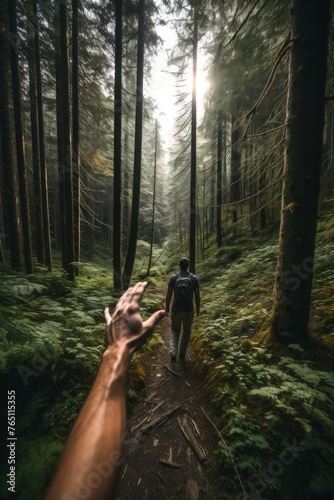 A photo from first person exploring a dense forest on a hiking trail showing hands 