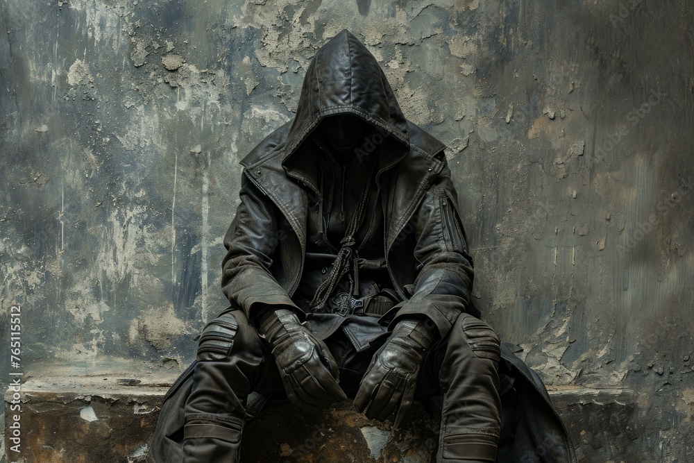 Menacing Assassin hooded throne. Medieval costume. Generate Ai Menacing Assassin hooded throne. Medieval costume. Generate Ai