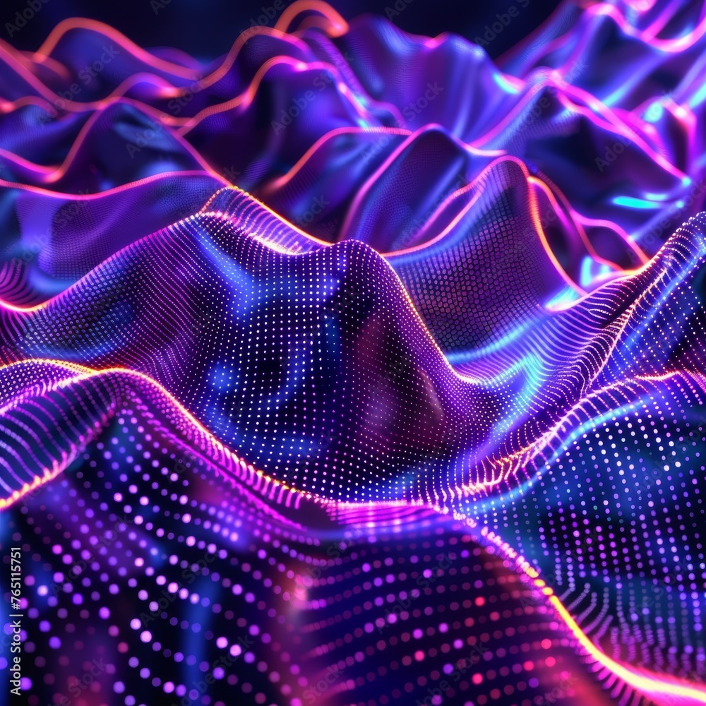 Obraz premium A striking 3D mesh of electric blue and purple lines that merge to form a dynamic and futuristic digital landscape