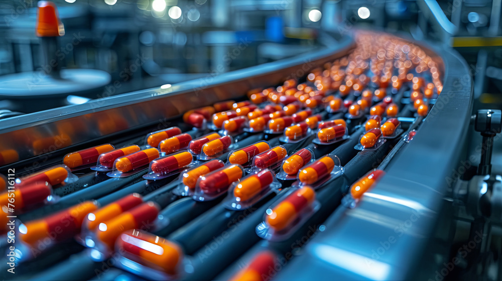 Production red orange capsules on the factory, farmaceutical industry Production red orange capsules on the factory, farmaceutical industry