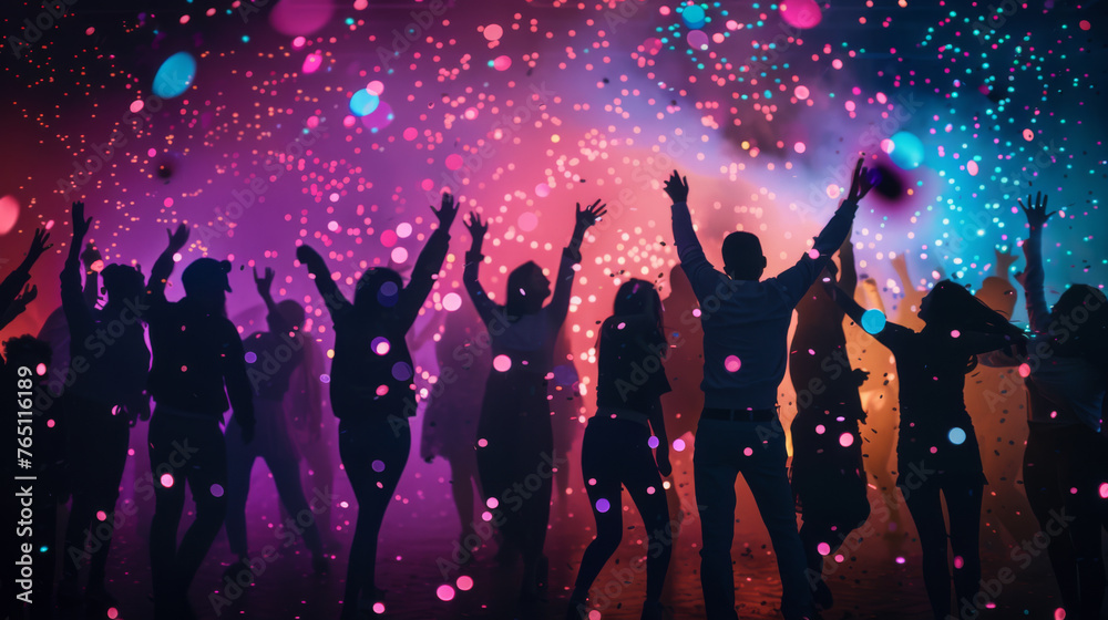 Silhouetted figures dance and celebrate under vibrant lights and falling confetti at a lively party.