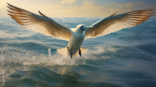 seagull in flight, Wings outstretched, a Northern gannet dives with precision. The turquoise waters embrace its descent, and for a fleeting moment, it becomes one with the ocean’s depths. photo