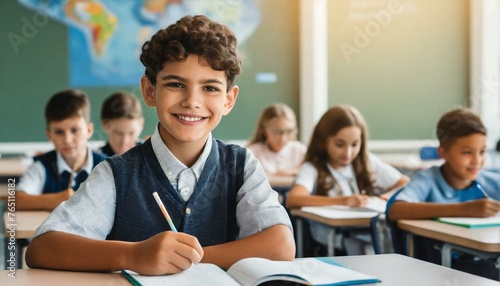 A young boy in a classroom smiles confidently at his desk with other students in the background