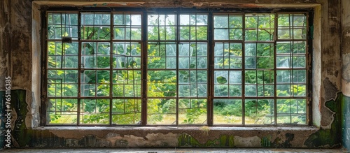 A weathered window frame in a derelict building, with cracked paint and broken glass panels, showing signs of abandonment
