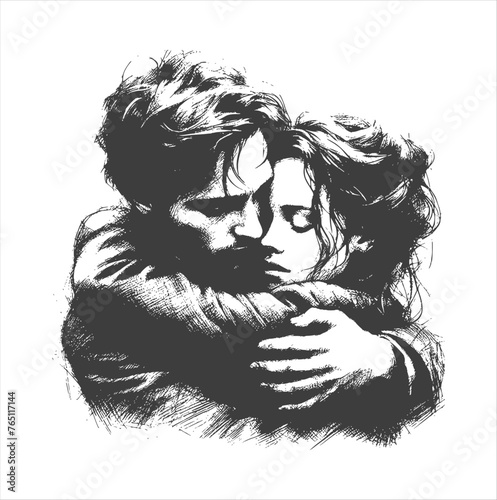 pencil sketch drawing - a man hugs a woman with love feelings (artwork 1)