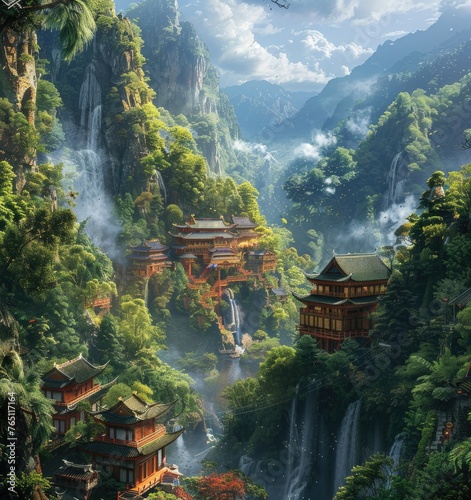 Ancient oriental temples in mountain forest - Majestic, ancient oriental temples nestled among waterfalls and high mountain forests in a fantasy setting