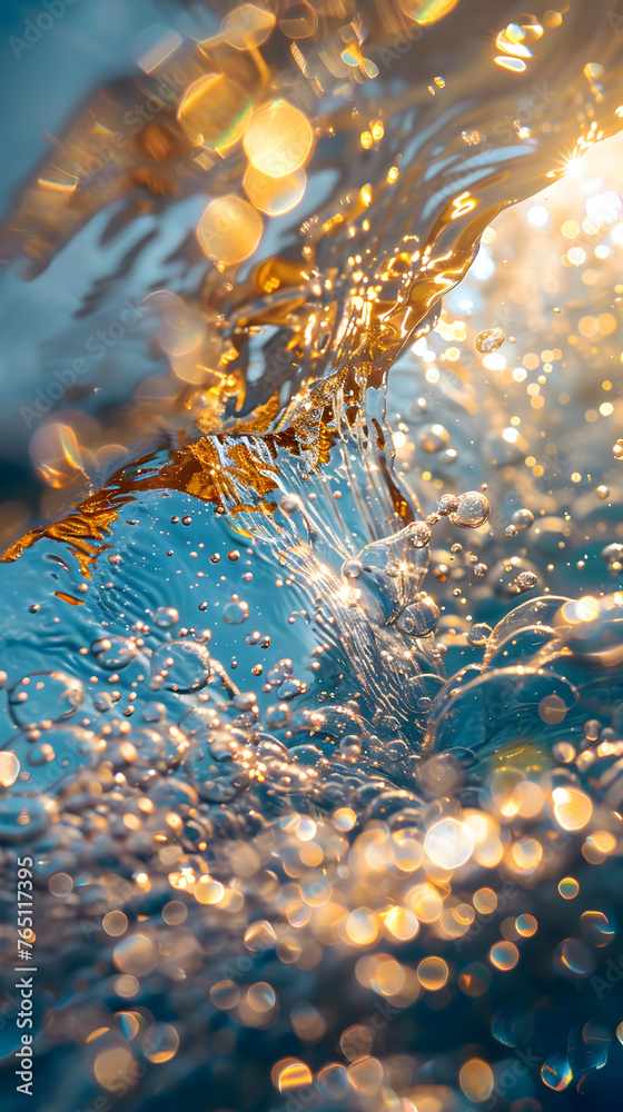 A macro photography shot capturing the intricate pattern of a wave in the ocean, with the sun shining through the electric blue water, creating a mesmerizing reflection on the liquid surface A macro photography shot capturing the intricate pattern of a wave in the ocean, with the sun shining through the electric blue water, creating a mesmerizing reflection on the liquid surface