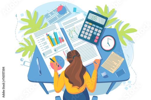 Accountant calculating tax and managing financial documents, businesswoman working on accounting reports with charts and data in office.