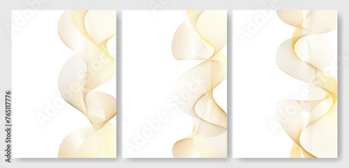 Golden wavy lines on white premium flyer card. Calendar luxury cover, oil gala invitation. Medicine corporate gold award. Abstract gift certificate template.