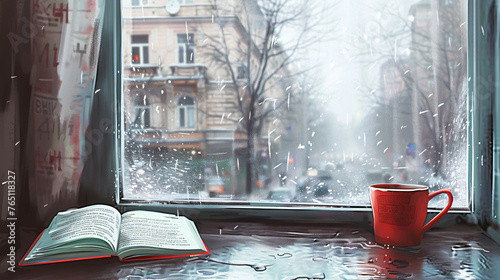 cozy street view, book and coffee near the window