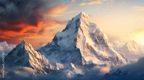 An awe-inspiring mountain peak rising above the clouds  its snow-capped summit glowing in the light of the setting sun  a sight that fills the soul with wonder and gratitude for the beauty of our worl