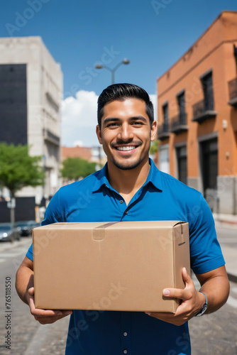 young hispanic delivery man with a package to deliver in his hand walking through the city  © Jersy