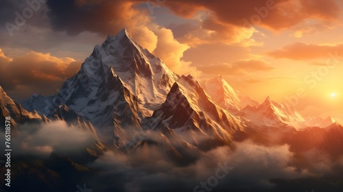 An imposing mountain peak rising majestically above the clouds, its sheer cliffs and rugged terrain illuminated by the golden light of sunset, a scene of unparalleled natural beauty.