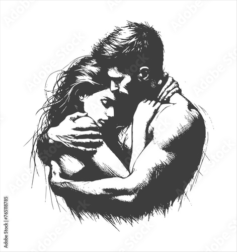 pencil sketch drawing - a man hugs a woman with love feelings (artwork 2)
