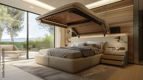 Modern bedroom with a platform bed design that lifts up to reveal hidden storage compartments for storing luggage and bulky items